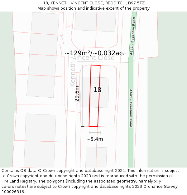 18, KENNETH VINCENT CLOSE, REDDITCH, B97 5TZ: Plot and title map