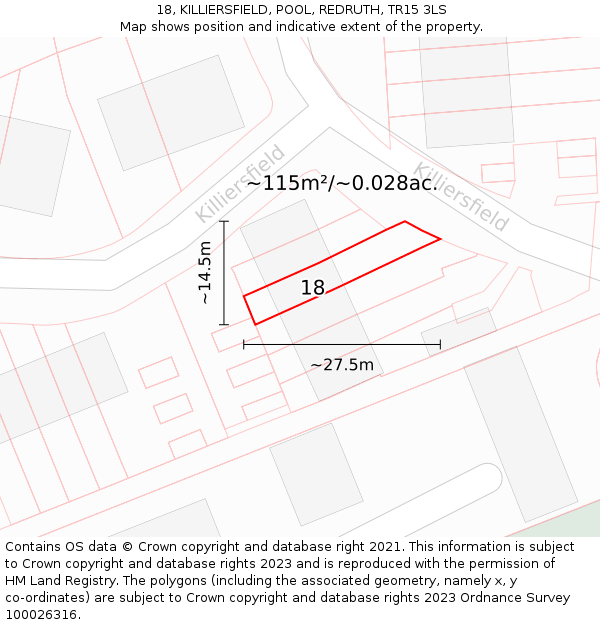 18, KILLIERSFIELD, POOL, REDRUTH, TR15 3LS: Plot and title map