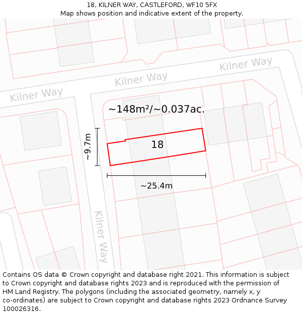 18, KILNER WAY, CASTLEFORD, WF10 5FX: Plot and title map