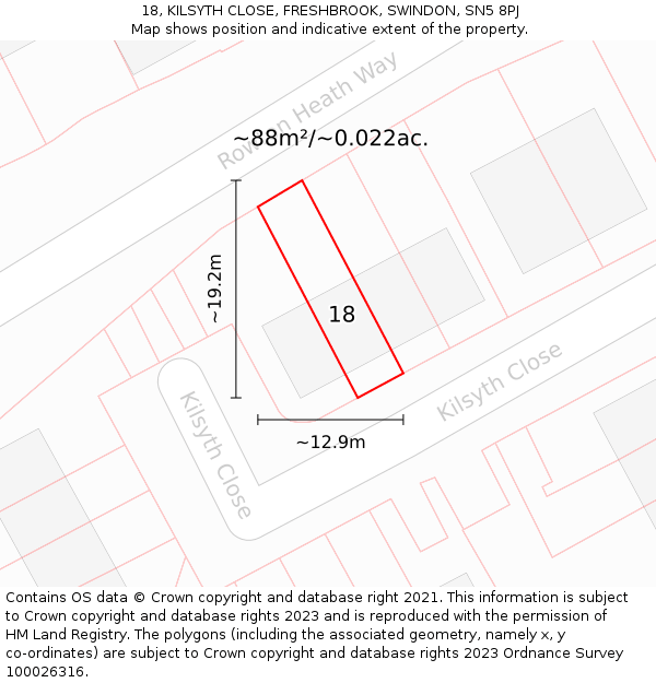18, KILSYTH CLOSE, FRESHBROOK, SWINDON, SN5 8PJ: Plot and title map