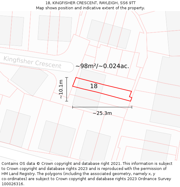 18, KINGFISHER CRESCENT, RAYLEIGH, SS6 9TT: Plot and title map