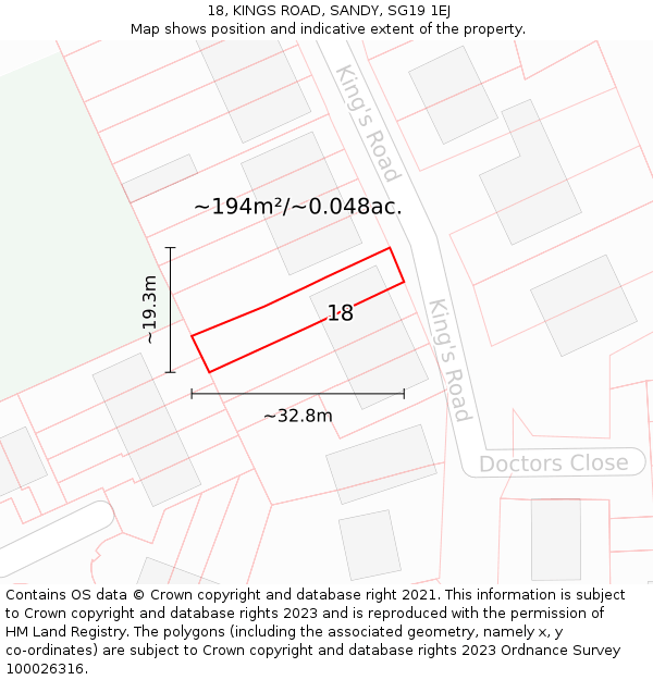 18, KINGS ROAD, SANDY, SG19 1EJ: Plot and title map