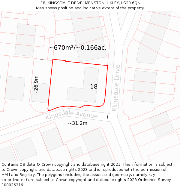 18, KINGSDALE DRIVE, MENSTON, ILKLEY, LS29 6QN: Plot and title map