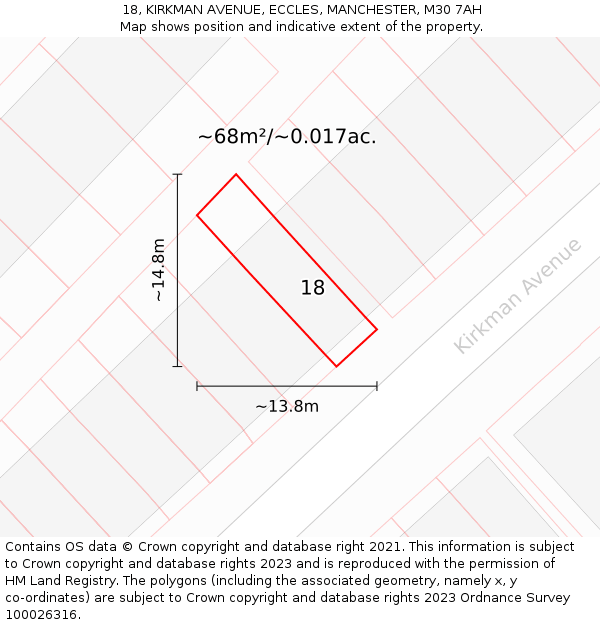 18, KIRKMAN AVENUE, ECCLES, MANCHESTER, M30 7AH: Plot and title map