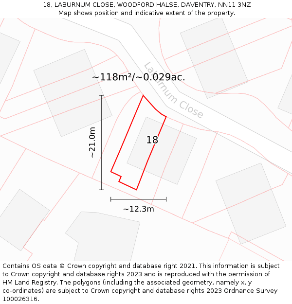 18, LABURNUM CLOSE, WOODFORD HALSE, DAVENTRY, NN11 3NZ: Plot and title map