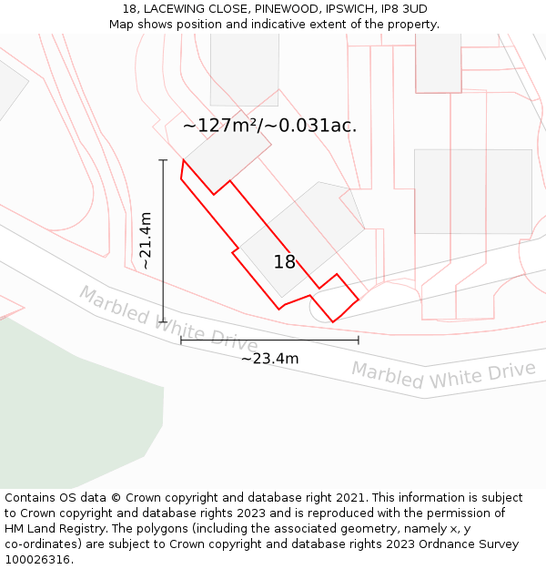18, LACEWING CLOSE, PINEWOOD, IPSWICH, IP8 3UD: Plot and title map