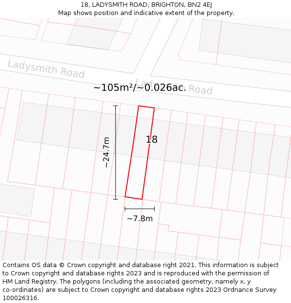 18, LADYSMITH ROAD, BRIGHTON, BN2 4EJ: Plot and title map