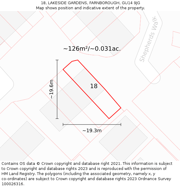 18, LAKESIDE GARDENS, FARNBOROUGH, GU14 9JG: Plot and title map