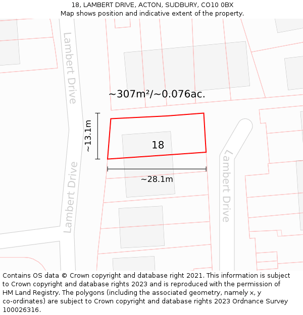18, LAMBERT DRIVE, ACTON, SUDBURY, CO10 0BX: Plot and title map