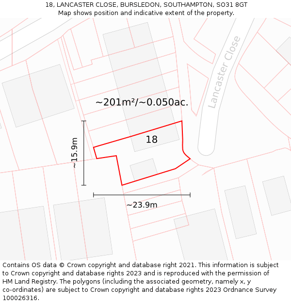 18, LANCASTER CLOSE, BURSLEDON, SOUTHAMPTON, SO31 8GT: Plot and title map