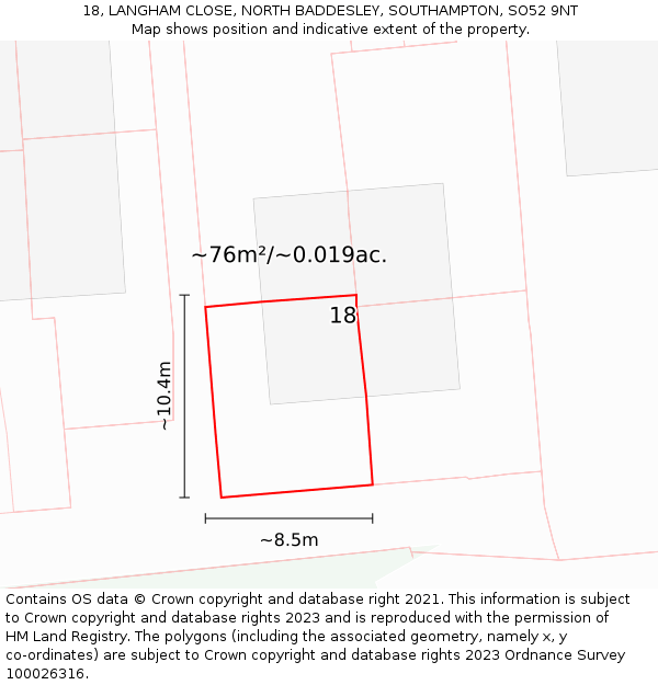 18, LANGHAM CLOSE, NORTH BADDESLEY, SOUTHAMPTON, SO52 9NT: Plot and title map