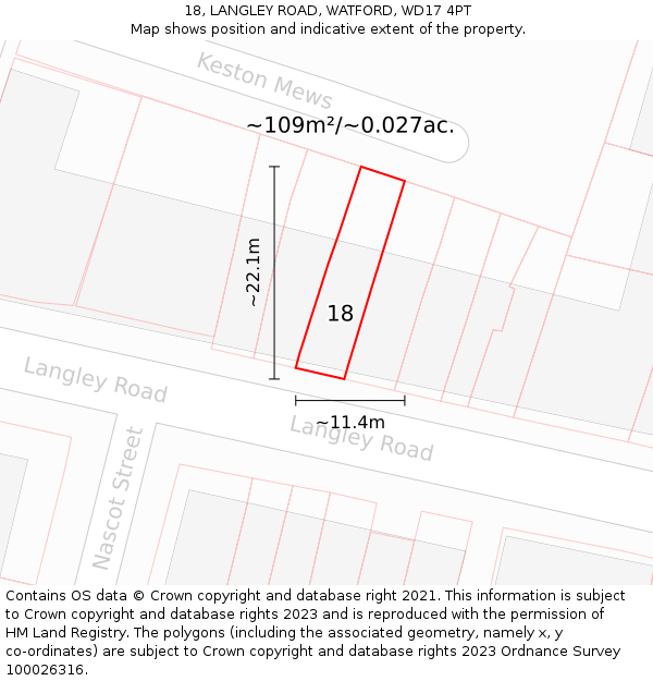 18, LANGLEY ROAD, WATFORD, WD17 4PT: Plot and title map
