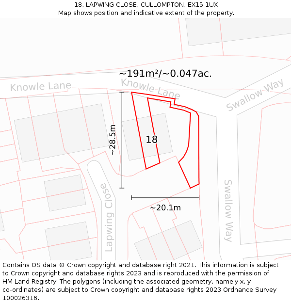 18, LAPWING CLOSE, CULLOMPTON, EX15 1UX: Plot and title map