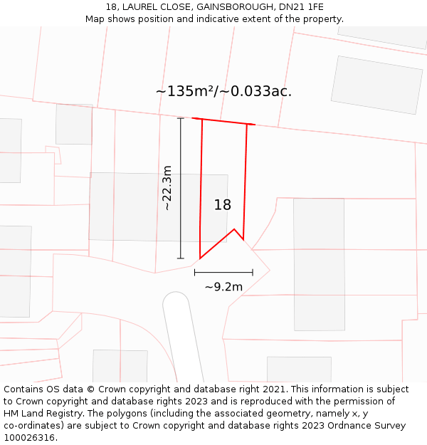 18, LAUREL CLOSE, GAINSBOROUGH, DN21 1FE: Plot and title map