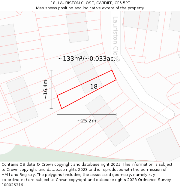 18, LAURISTON CLOSE, CARDIFF, CF5 5PT: Plot and title map
