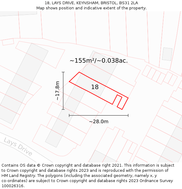 18, LAYS DRIVE, KEYNSHAM, BRISTOL, BS31 2LA: Plot and title map