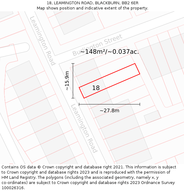 18, LEAMINGTON ROAD, BLACKBURN, BB2 6ER: Plot and title map