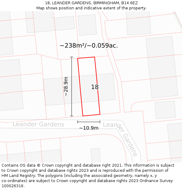 18, LEANDER GARDENS, BIRMINGHAM, B14 6EZ: Plot and title map