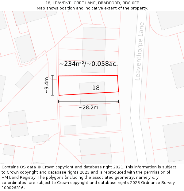 18, LEAVENTHORPE LANE, BRADFORD, BD8 0EB: Plot and title map