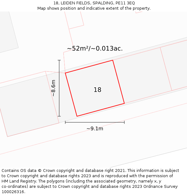 18, LEIDEN FIELDS, SPALDING, PE11 3EQ: Plot and title map