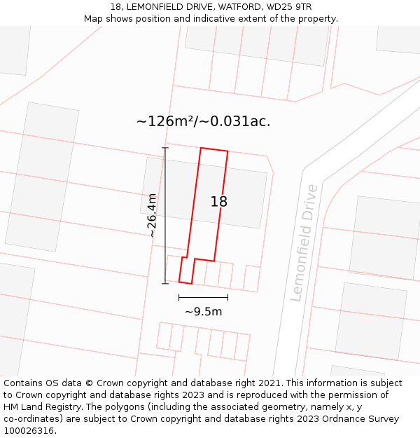 18, LEMONFIELD DRIVE, WATFORD, WD25 9TR: Plot and title map