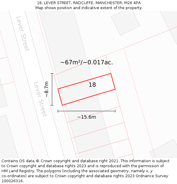 18, LEVER STREET, RADCLIFFE, MANCHESTER, M26 4PA: Plot and title map