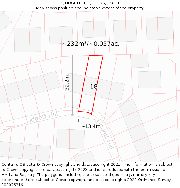 18, LIDGETT HILL, LEEDS, LS8 1PE: Plot and title map
