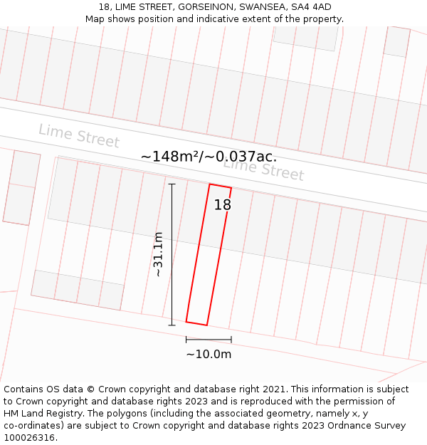 18, LIME STREET, GORSEINON, SWANSEA, SA4 4AD: Plot and title map