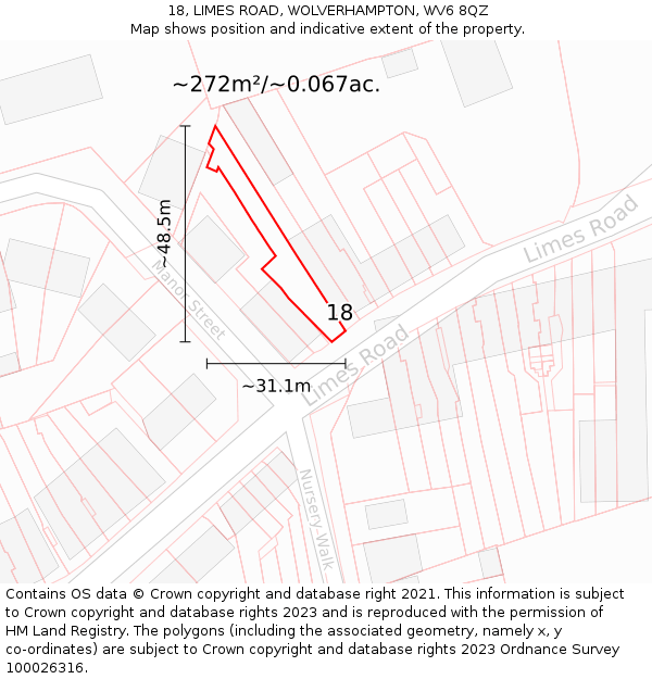18, LIMES ROAD, WOLVERHAMPTON, WV6 8QZ: Plot and title map