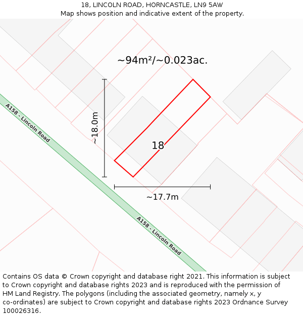 18, LINCOLN ROAD, HORNCASTLE, LN9 5AW: Plot and title map