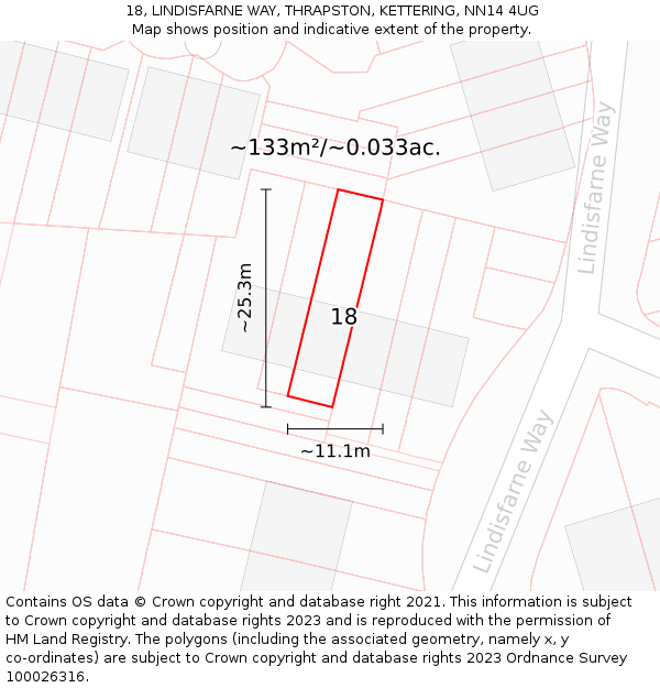 18, LINDISFARNE WAY, THRAPSTON, KETTERING, NN14 4UG: Plot and title map