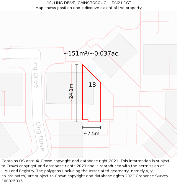 18, LING DRIVE, GAINSBOROUGH, DN21 1GT: Plot and title map