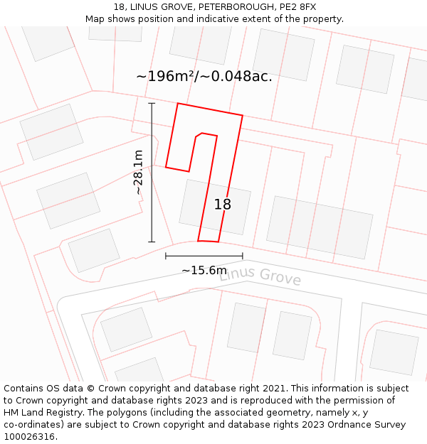 18, LINUS GROVE, PETERBOROUGH, PE2 8FX: Plot and title map