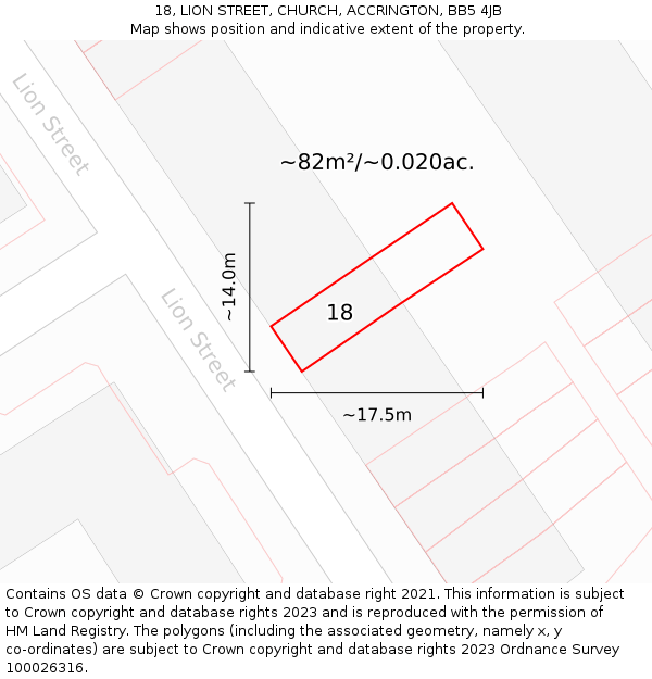 18, LION STREET, CHURCH, ACCRINGTON, BB5 4JB: Plot and title map