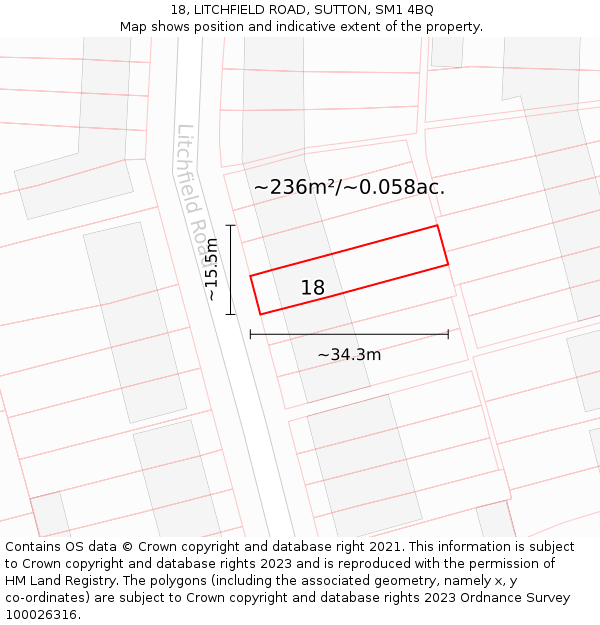 18, LITCHFIELD ROAD, SUTTON, SM1 4BQ: Plot and title map
