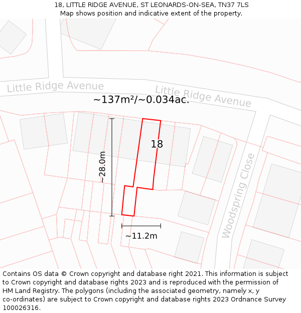 18, LITTLE RIDGE AVENUE, ST LEONARDS-ON-SEA, TN37 7LS: Plot and title map
