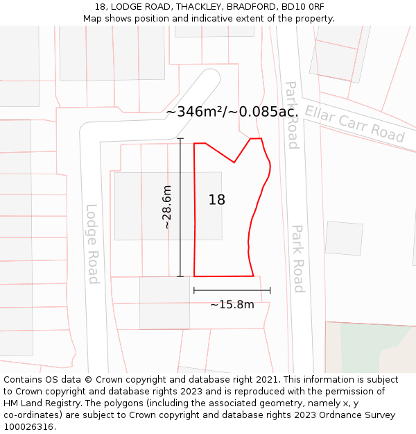 18, LODGE ROAD, THACKLEY, BRADFORD, BD10 0RF: Plot and title map