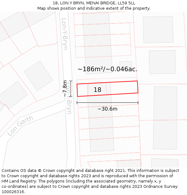 18, LON Y BRYN, MENAI BRIDGE, LL59 5LL: Plot and title map