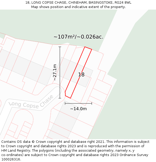 18, LONG COPSE CHASE, CHINEHAM, BASINGSTOKE, RG24 8WL: Plot and title map