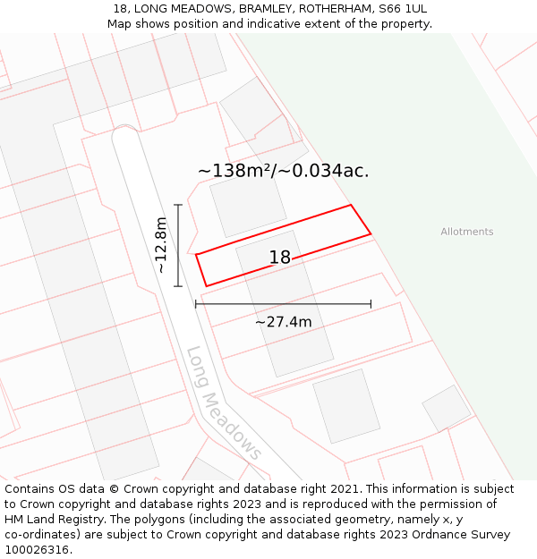 18, LONG MEADOWS, BRAMLEY, ROTHERHAM, S66 1UL: Plot and title map