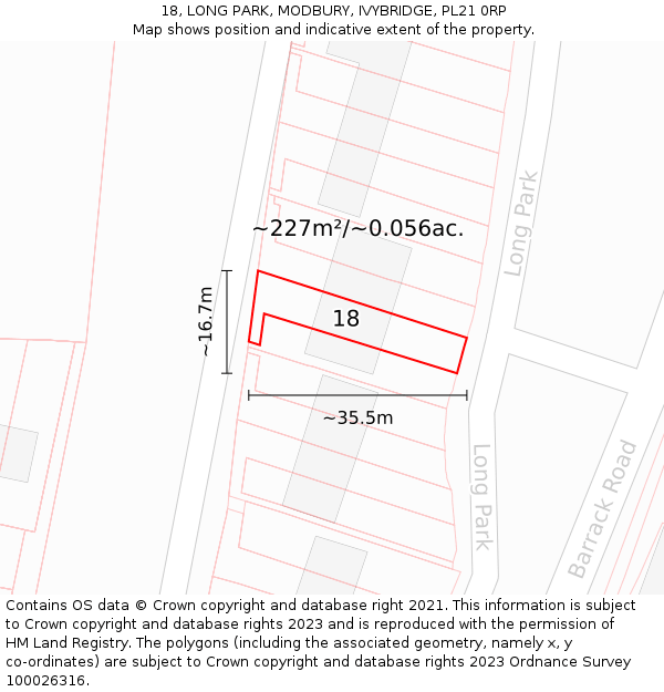 18, LONG PARK, MODBURY, IVYBRIDGE, PL21 0RP: Plot and title map