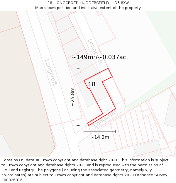 18, LONGCROFT, HUDDERSFIELD, HD5 8XW: Plot and title map