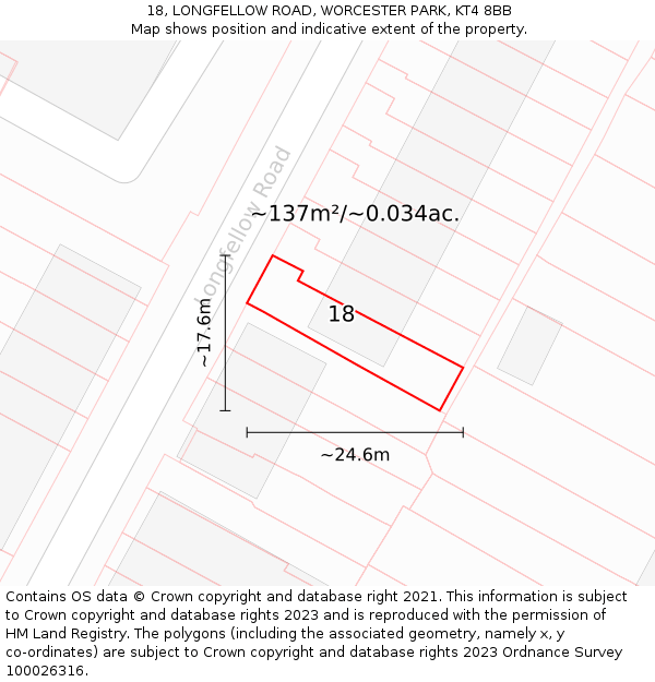 18, LONGFELLOW ROAD, WORCESTER PARK, KT4 8BB: Plot and title map