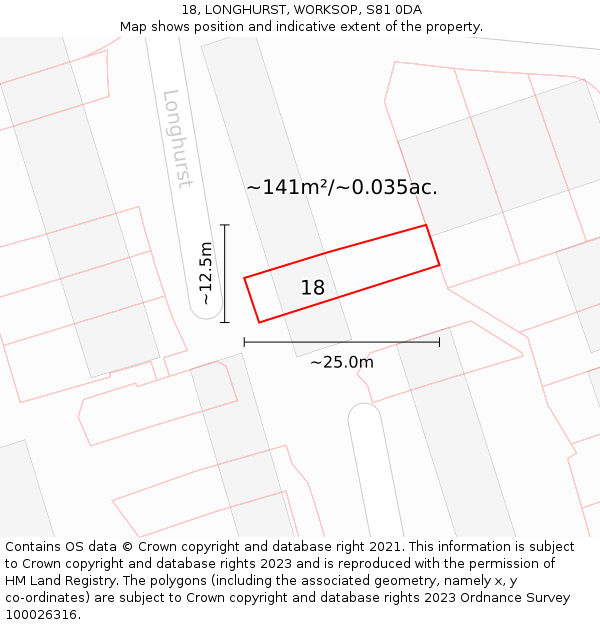 18, LONGHURST, WORKSOP, S81 0DA: Plot and title map