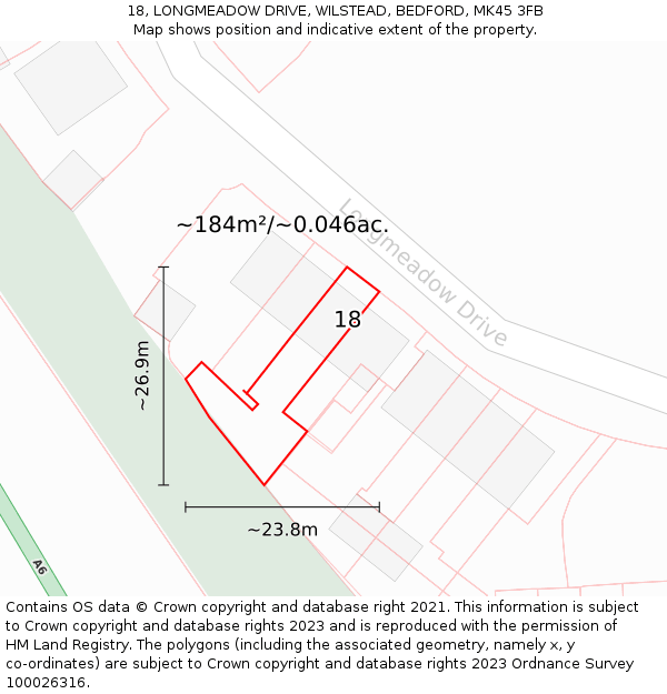 18, LONGMEADOW DRIVE, WILSTEAD, BEDFORD, MK45 3FB: Plot and title map