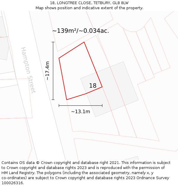 18, LONGTREE CLOSE, TETBURY, GL8 8LW: Plot and title map