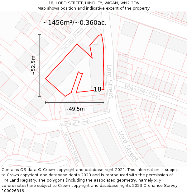 18, LORD STREET, HINDLEY, WIGAN, WN2 3EW: Plot and title map