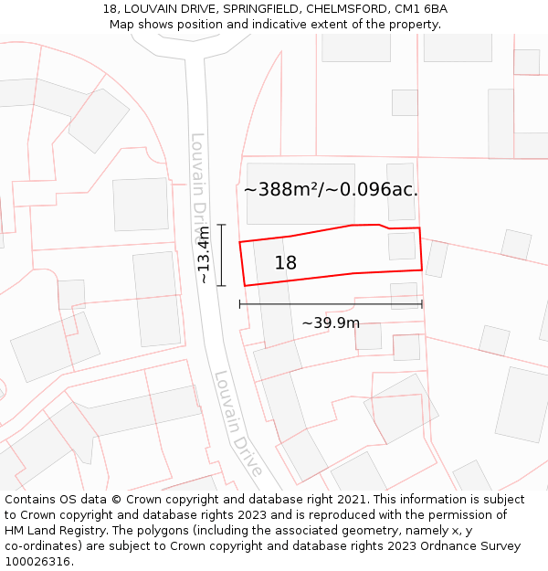 18, LOUVAIN DRIVE, SPRINGFIELD, CHELMSFORD, CM1 6BA: Plot and title map