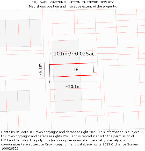 18, LOVELL GARDENS, WATTON, THETFORD, IP25 6TX: Plot and title map