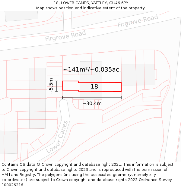 18, LOWER CANES, YATELEY, GU46 6PY: Plot and title map